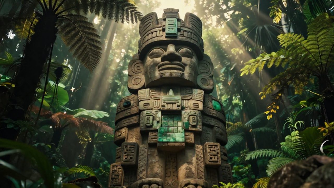 Estatua monolítica de una deidad precolombina con tallados intrincados entre la densa selva tropical bajo la luz del amanecer.