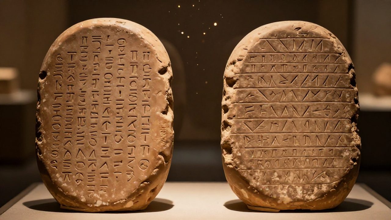 Tablillas de arcilla con inscripciones en lineal B y escritura cuneiforme sumeria iluminadas por una luz cálida de museo.