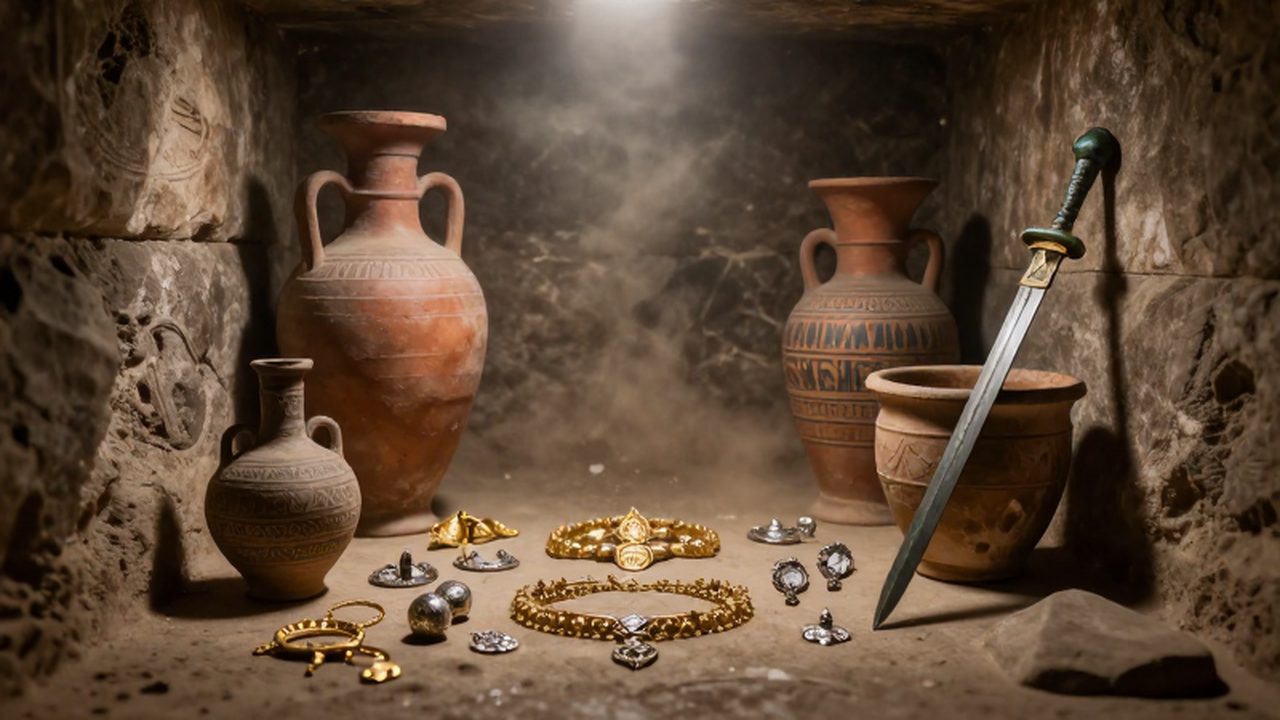Objetos de oro, joyas y vasijas de terracota dispuestos como ofrendas ceremoniales en el interior de una cámara funeraria etrusca.