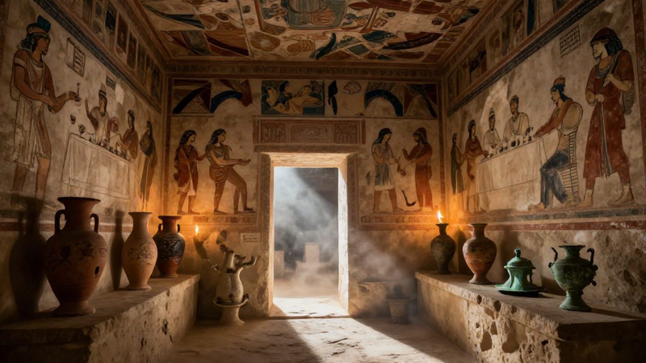 Interior de una tumba etrusca con frescos detallados de banquetes y figuras míticas sobre paredes de piedra iluminadas por una luz tenue.
